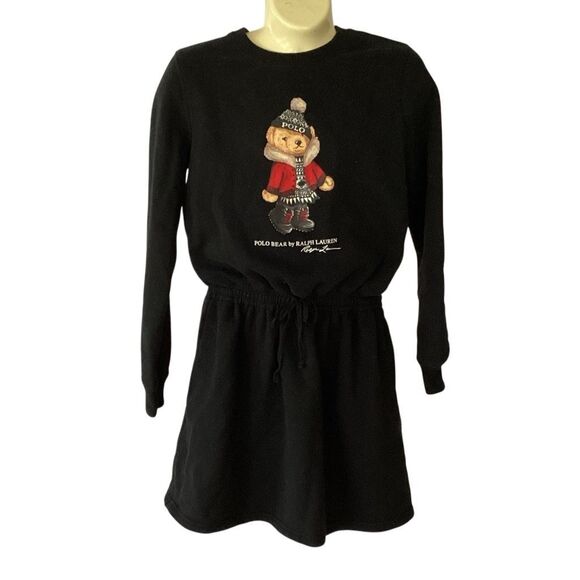 Polo Ralph Lauren Girls Black Fleece Sweatshirt Dress Teddy Bear Sz L 12-14 - Picture 1 of 7
